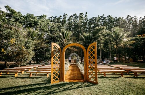 brown wooden arch near green trees during daytime
